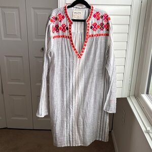Long Sleeve Striped Kaftan with Orange and Pink Embroidery